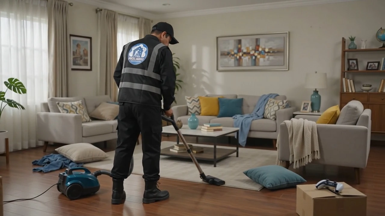 A cleaner in the Pro Deep Clean Home uniform vacuuming a living room.